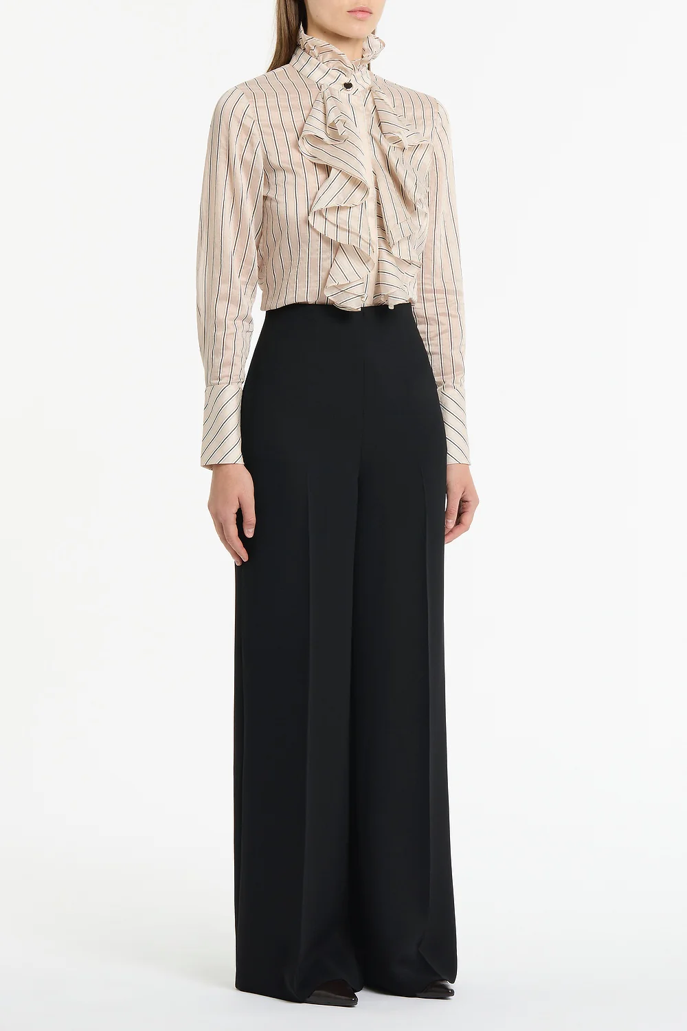 BEIGE SILK TENCEL STRIPE FRILL FRONT SHIRT - Image 2