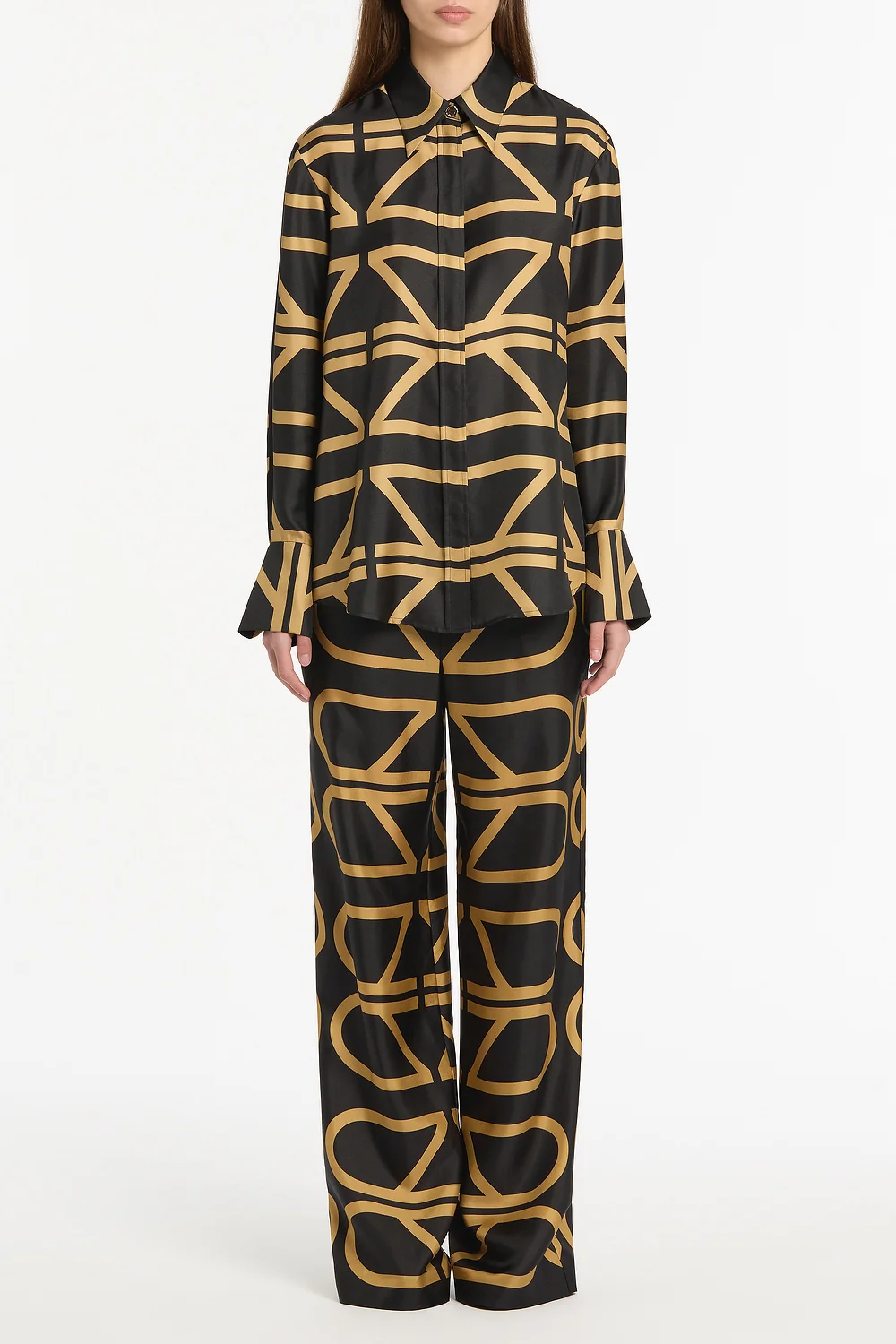 BLACK AND BRANDY GRID SILK TWILL RELAXED SHIRT