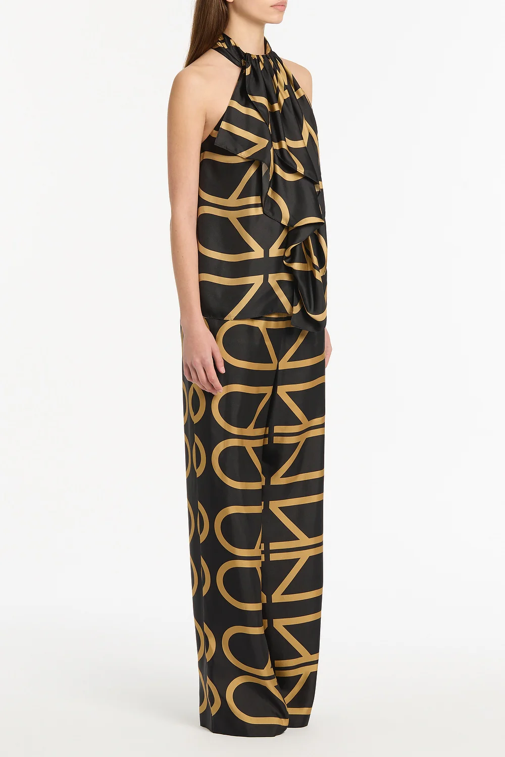 BLACK AND BRANDY GRID SILK TWILL RUFFLE HALTER TOP - Image 2