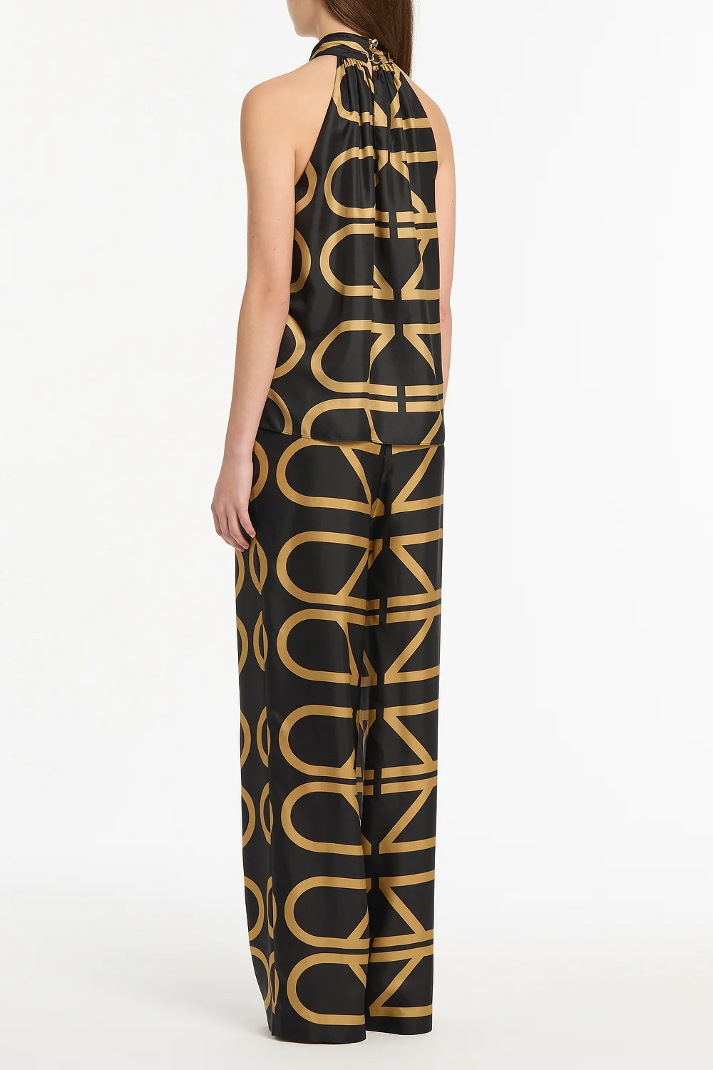 BLACK AND BRANDY GRID SILK TWILL RUFFLE HALTER TOP - Image 3