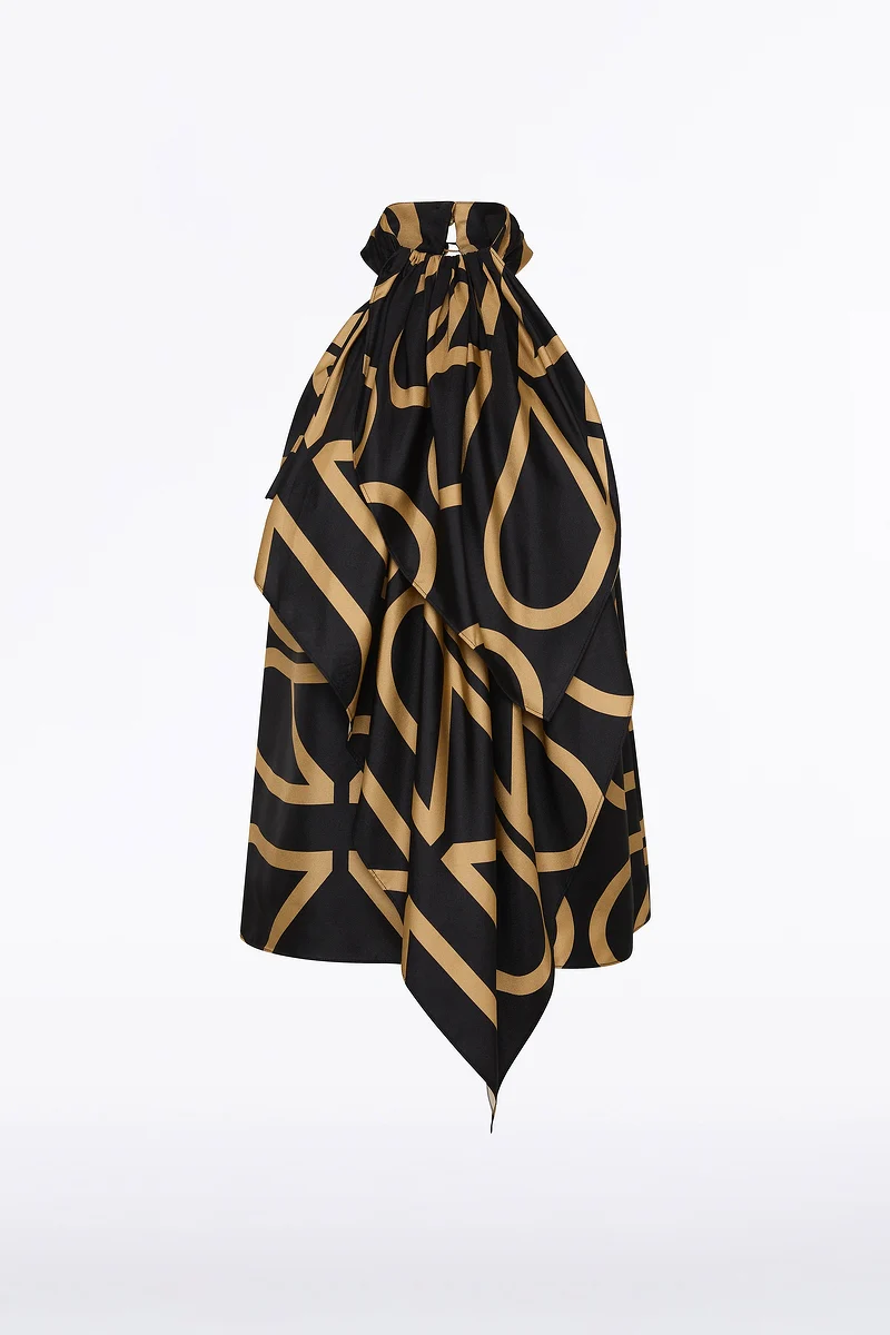 BLACK AND BRANDY GRID SILK TWILL RUFFLE HALTER TOP - Image 5