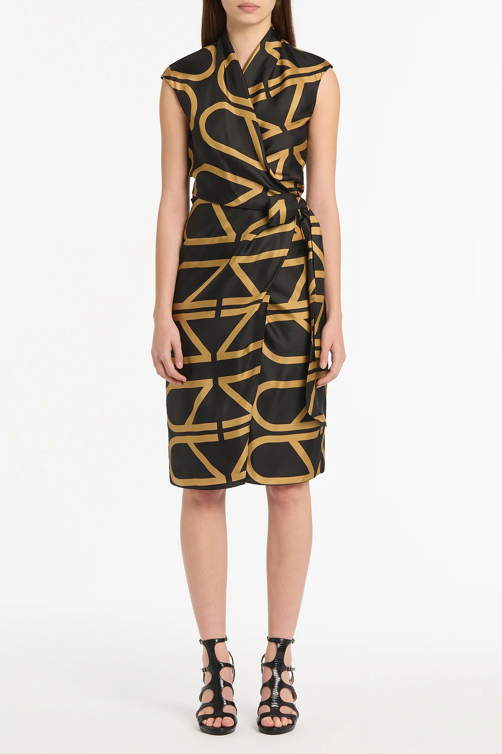 BLACK AND BRANDY GRID SILK TWILL WRAP DRESS