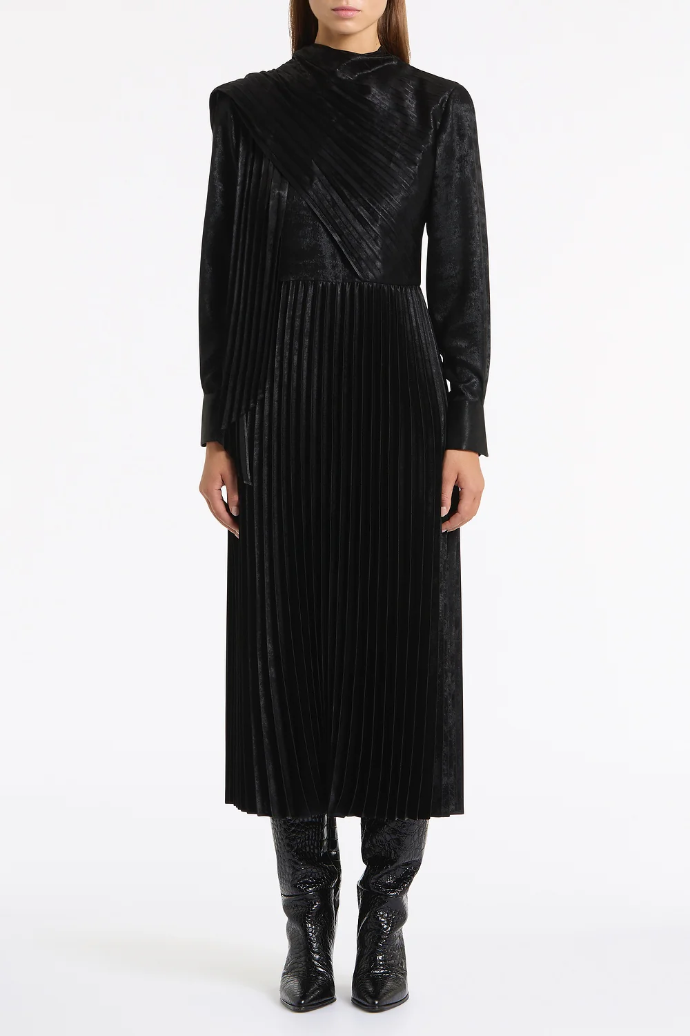 BLACK BURNISHED METALLIC PLISSE DRESS