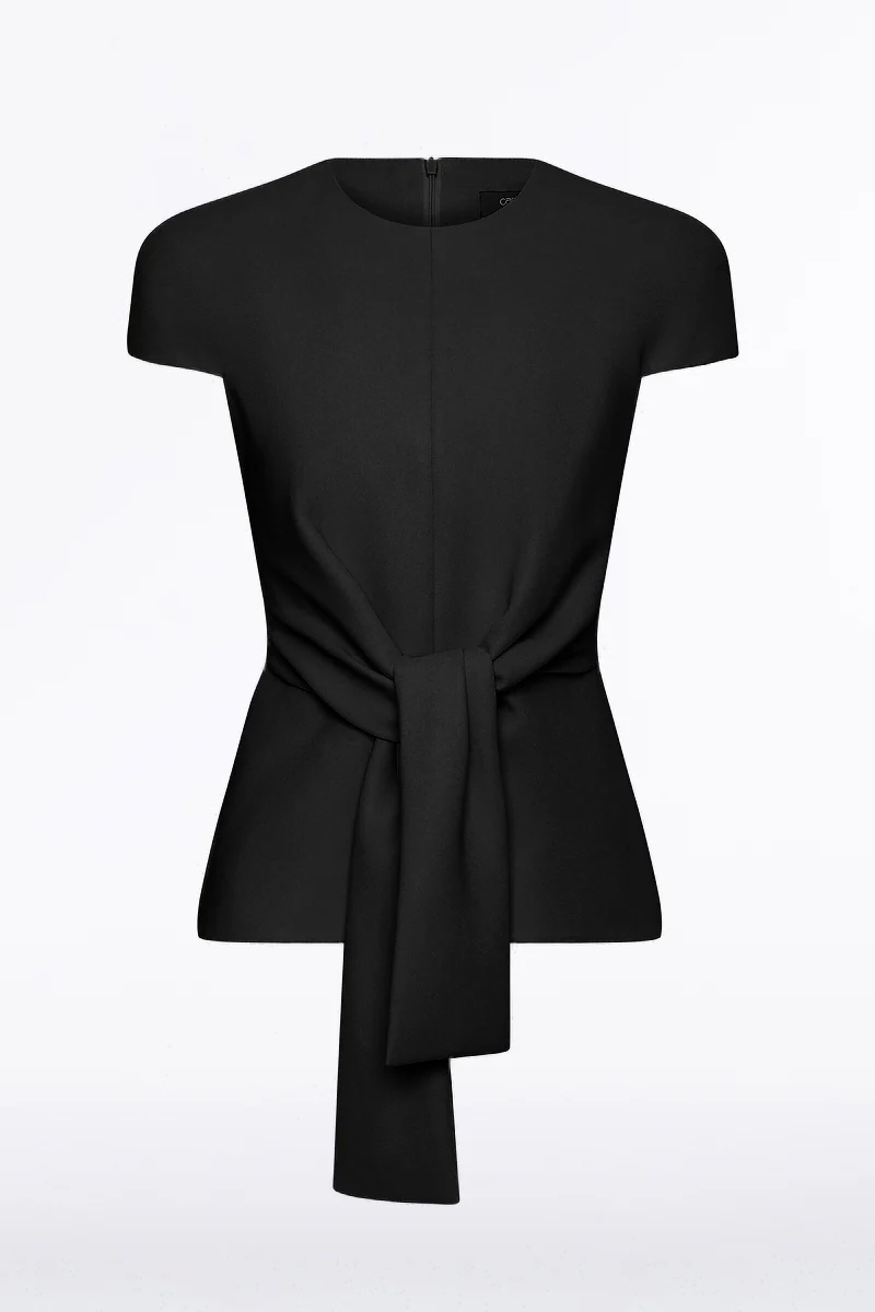 BLACK CREPE CAP SLEEVE TIE TOP - Image 4