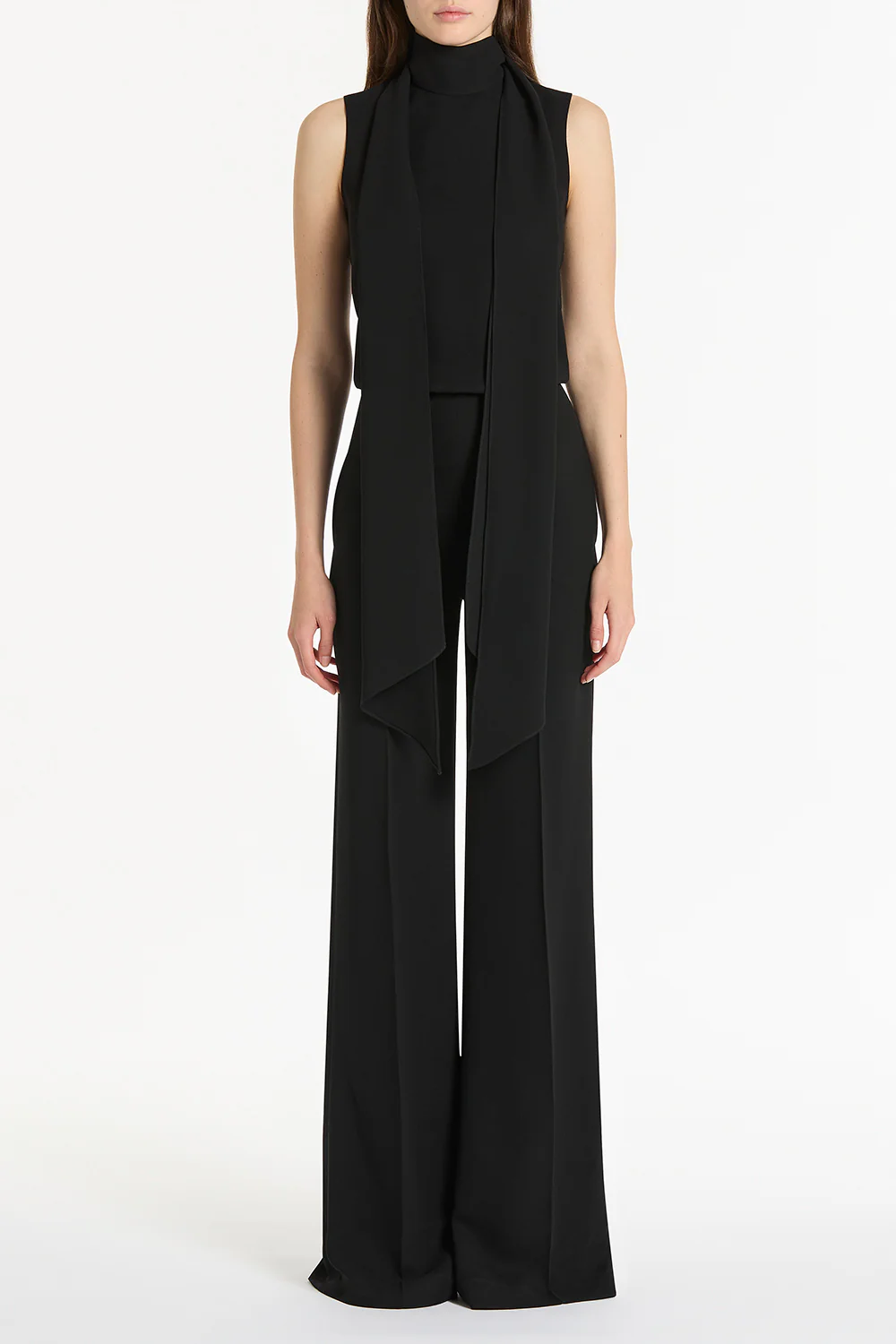 BLACK CREPE CLASSIC TIE NECK JUMPSUIT