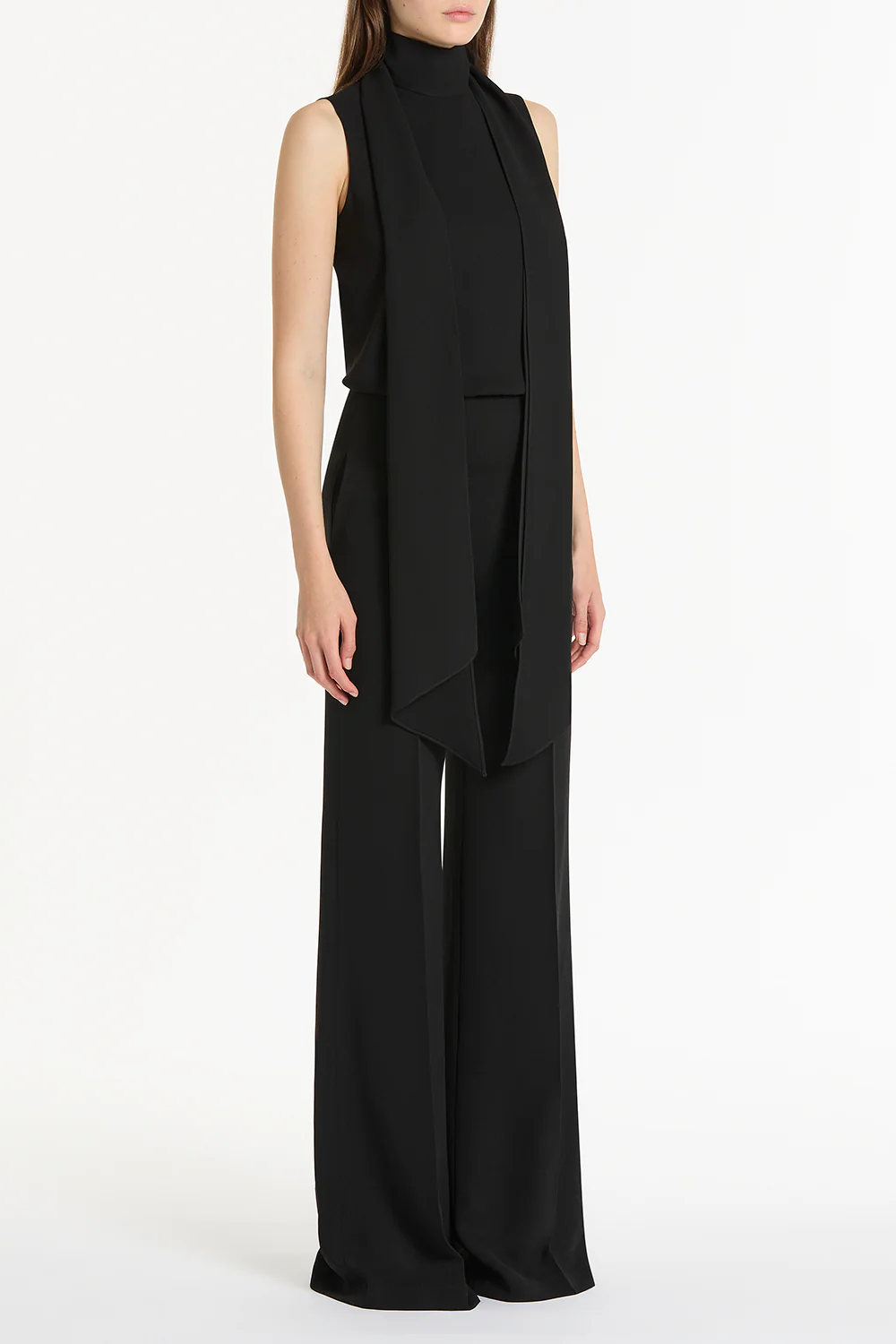 BLACK CREPE CLASSIC TIE NECK JUMPSUIT - Image 2