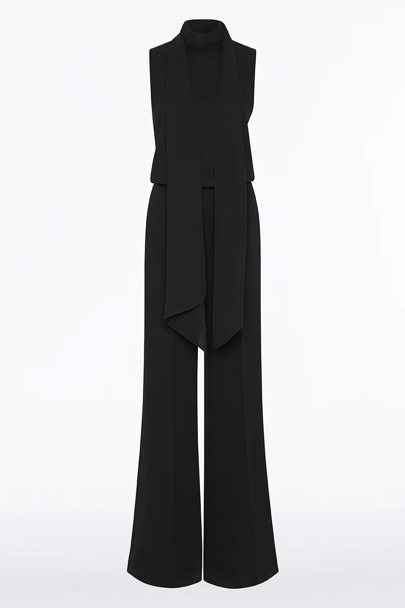 BLACK CREPE CLASSIC TIE NECK JUMPSUIT - Image 4
