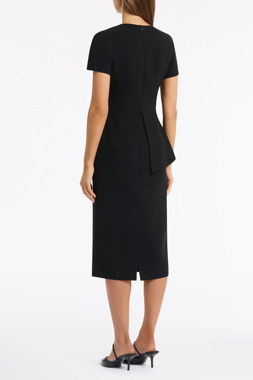 BLACK CREPE DRAPE PEPLUM MIDI DRESS - Image 3