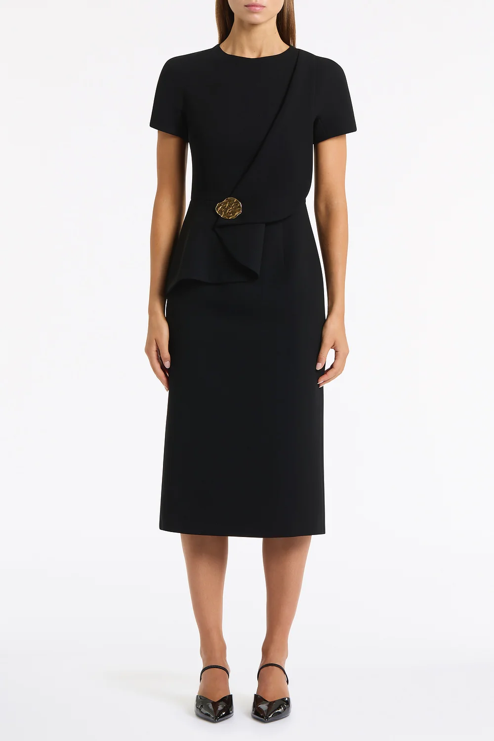 BLACK CREPE DRAPE PEPLUM MIDI DRESS - Image 4