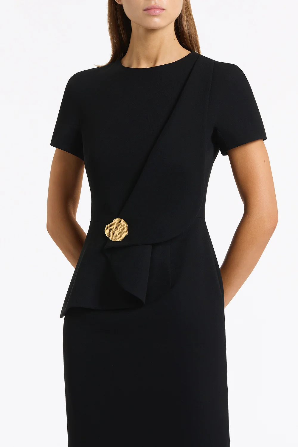 BLACK CREPE DRAPE PEPLUM MIDI DRESS - Image 5