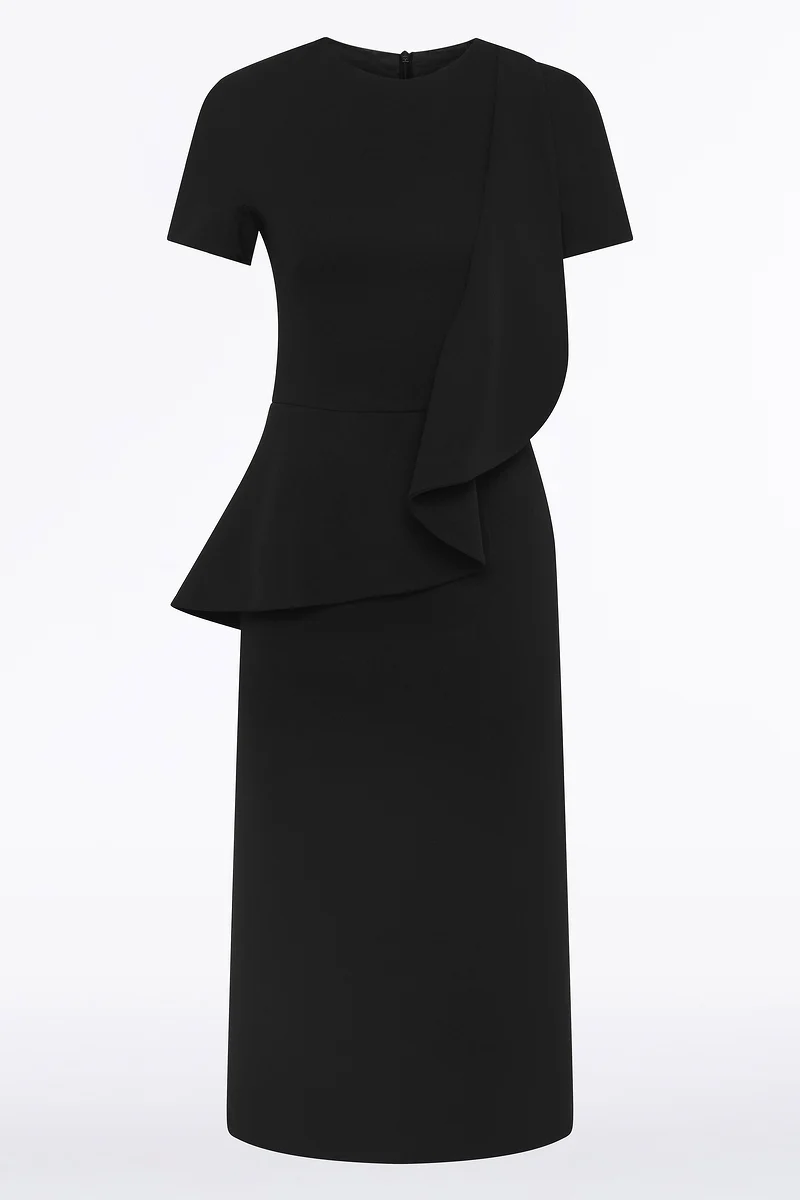 BLACK CREPE DRAPE PEPLUM MIDI DRESS - Image 6