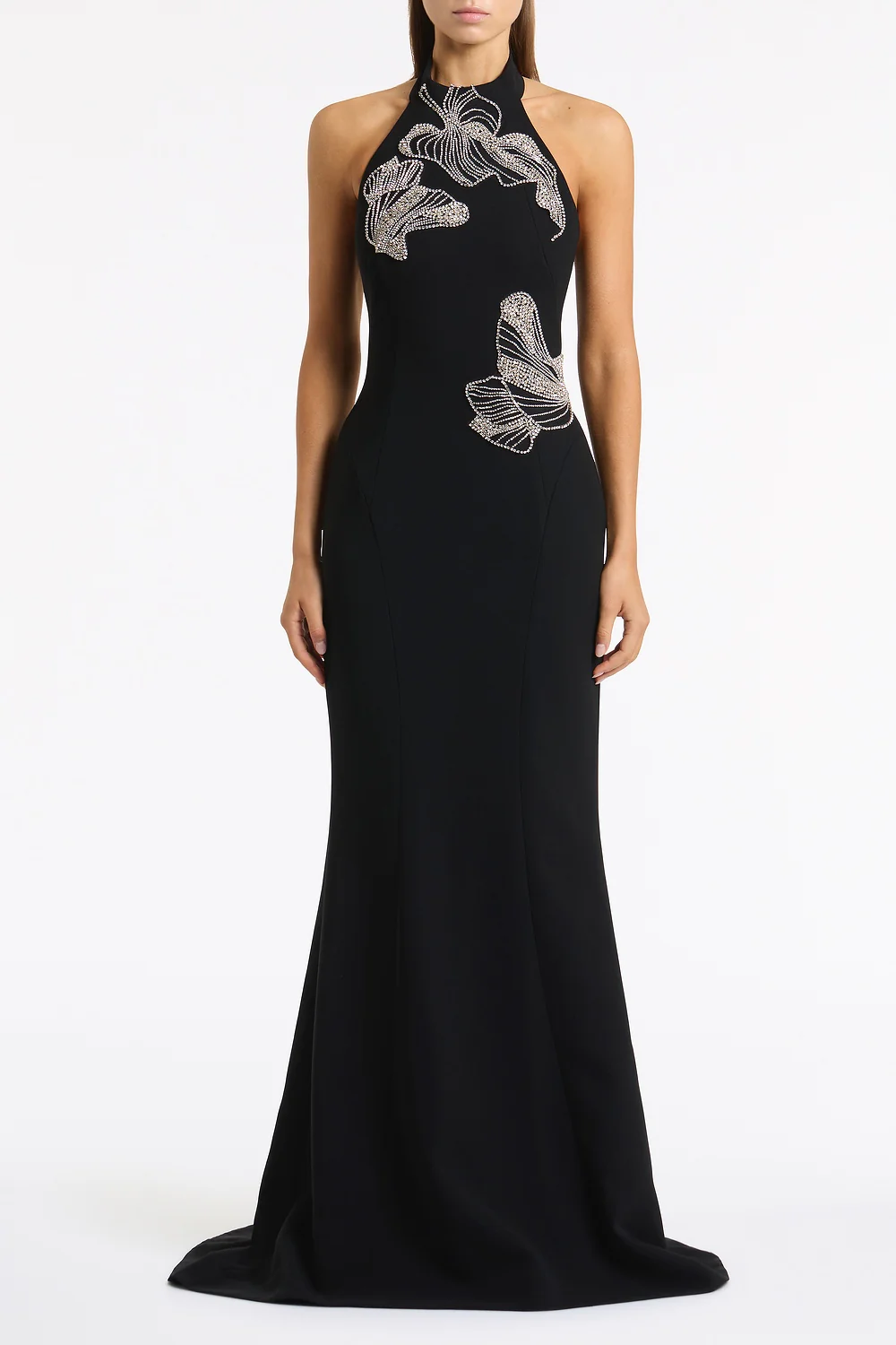 BLACK CREPE EMBELLISHED HALTER GOWN