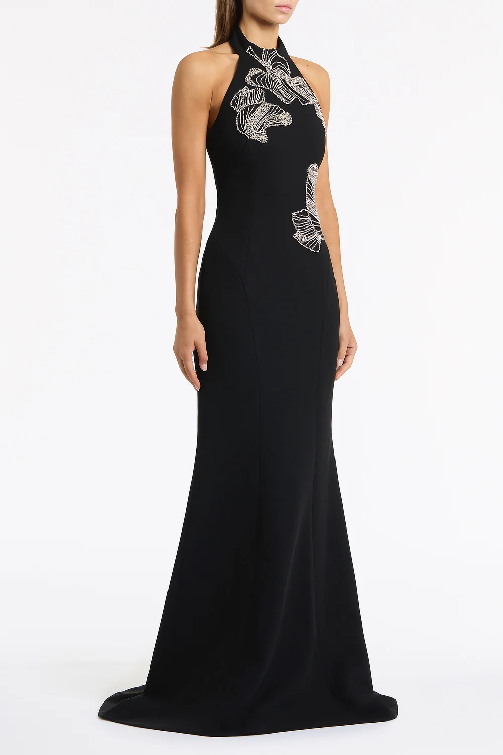 BLACK CREPE EMBELLISHED HALTER GOWN - Image 2