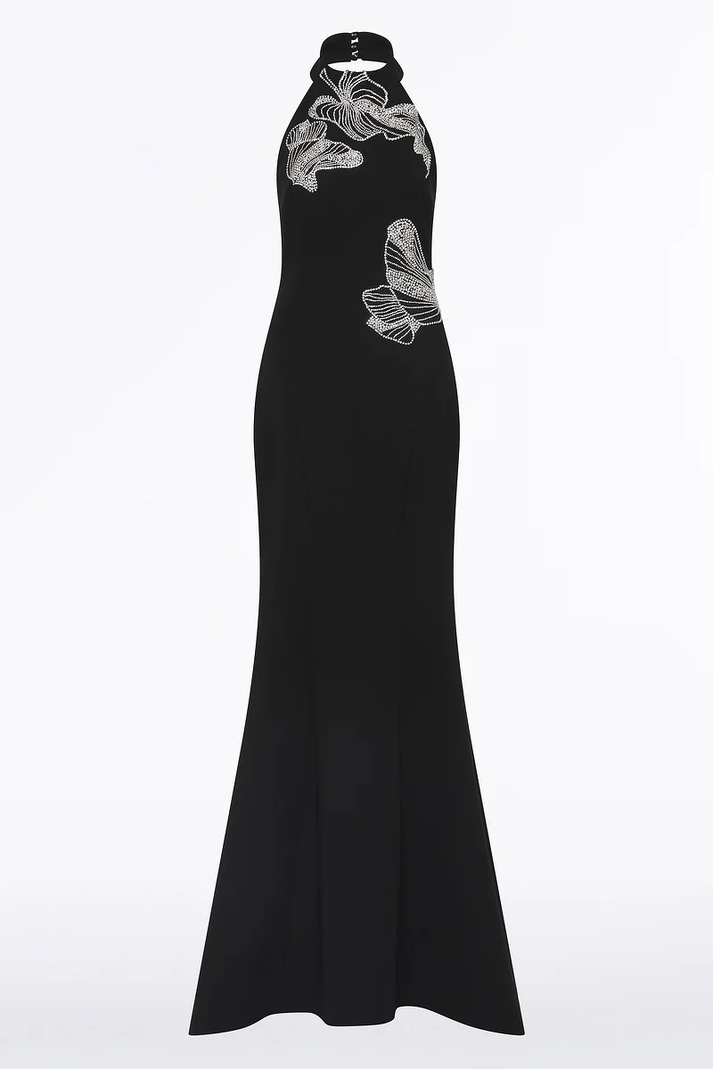 BLACK CREPE EMBELLISHED HALTER GOWN - Image 6