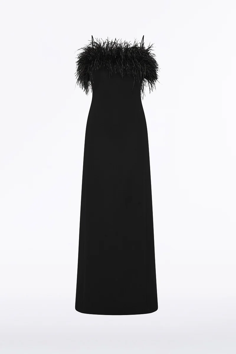 BLACK CREPE FEATHER MAXI DRESS - Image 6