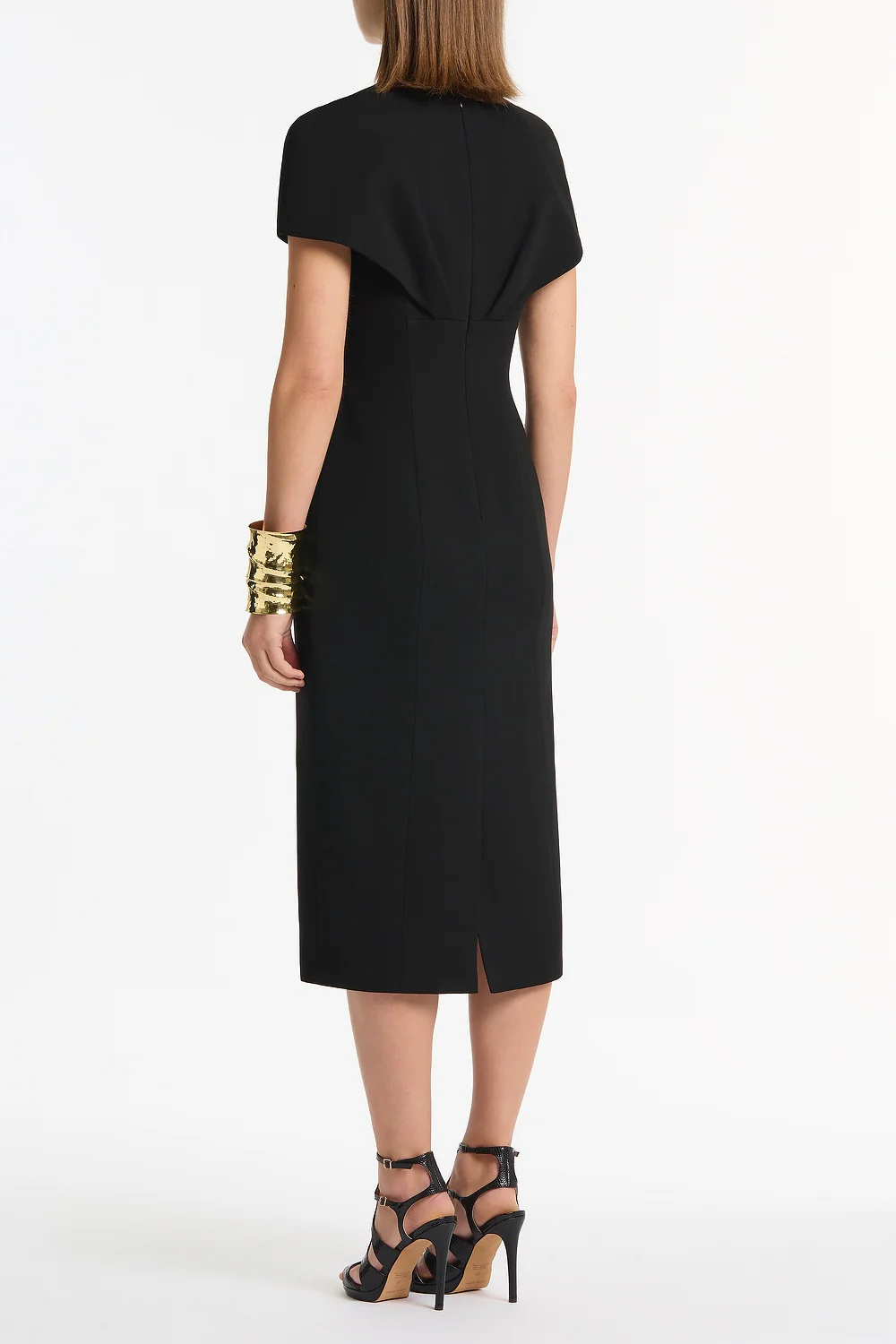 BLACK CREPE FRONT TUCK MIDI DRESS - Image 3