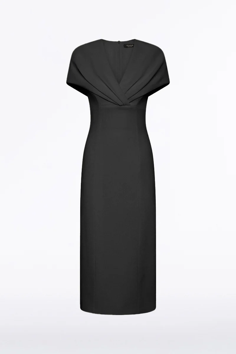 BLACK CREPE FRONT TUCK MIDI DRESS - Image 4