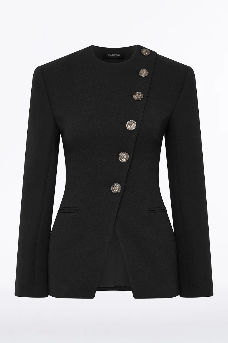 BLACK CREPE MONETA LONG JACKET - Image 6
