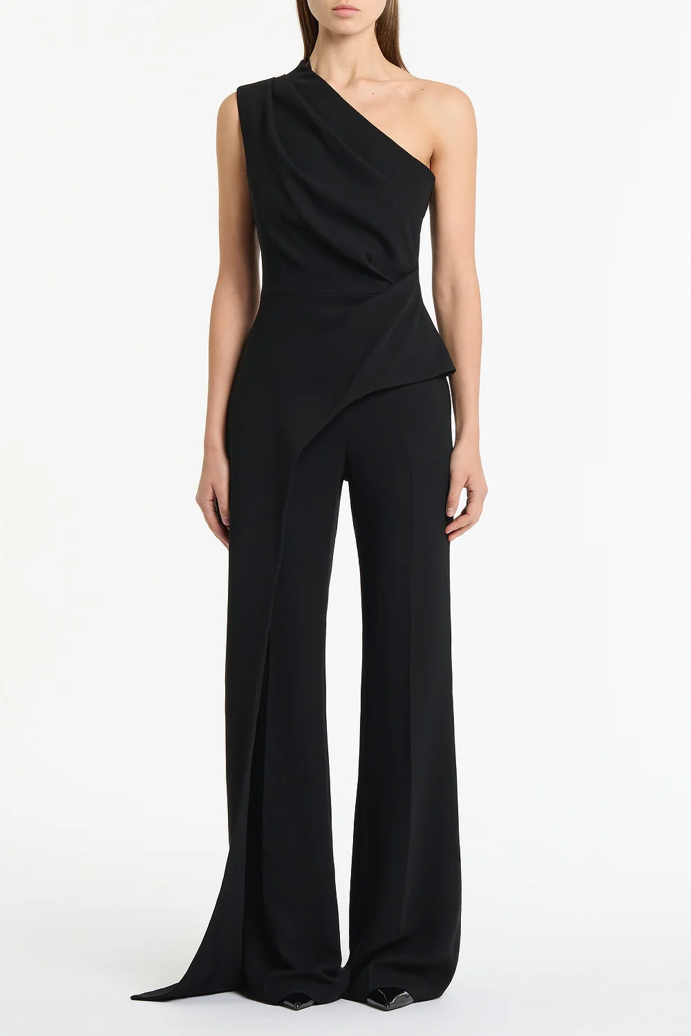 BLACK CREPE ONE SHOULDER LONGLINE TOP