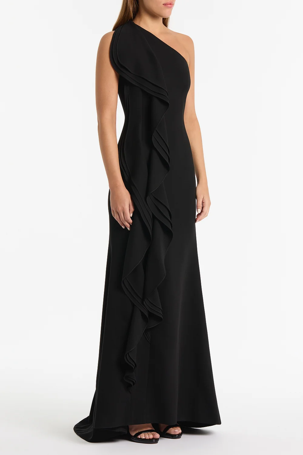 BLACK CREPE ONE SHOULDER PETAL GOWN - Image 3