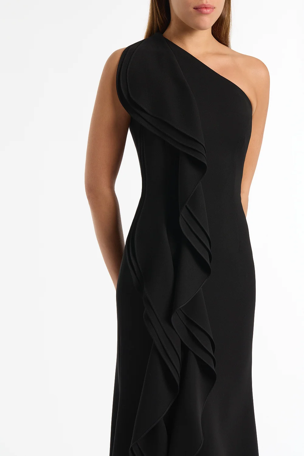 BLACK CREPE ONE SHOULDER PETAL GOWN - Image 4