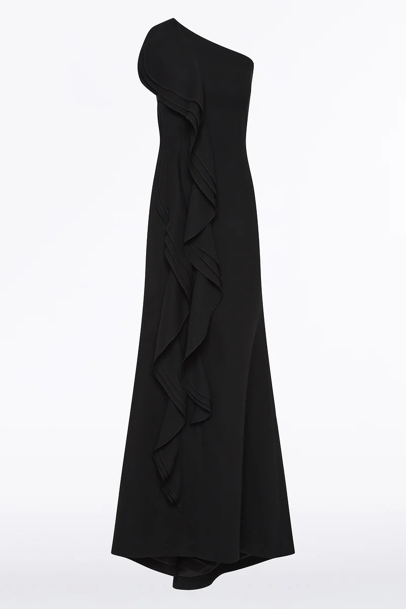 BLACK CREPE ONE SHOULDER PETAL GOWN - Image 6