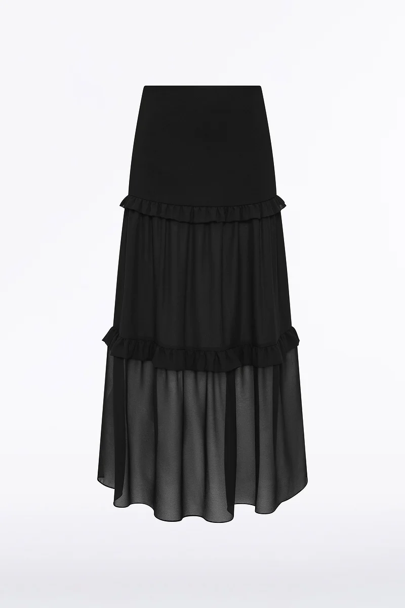 BLACK CREPE TIERED RUFFLE MIDI SKIRT - Image 4