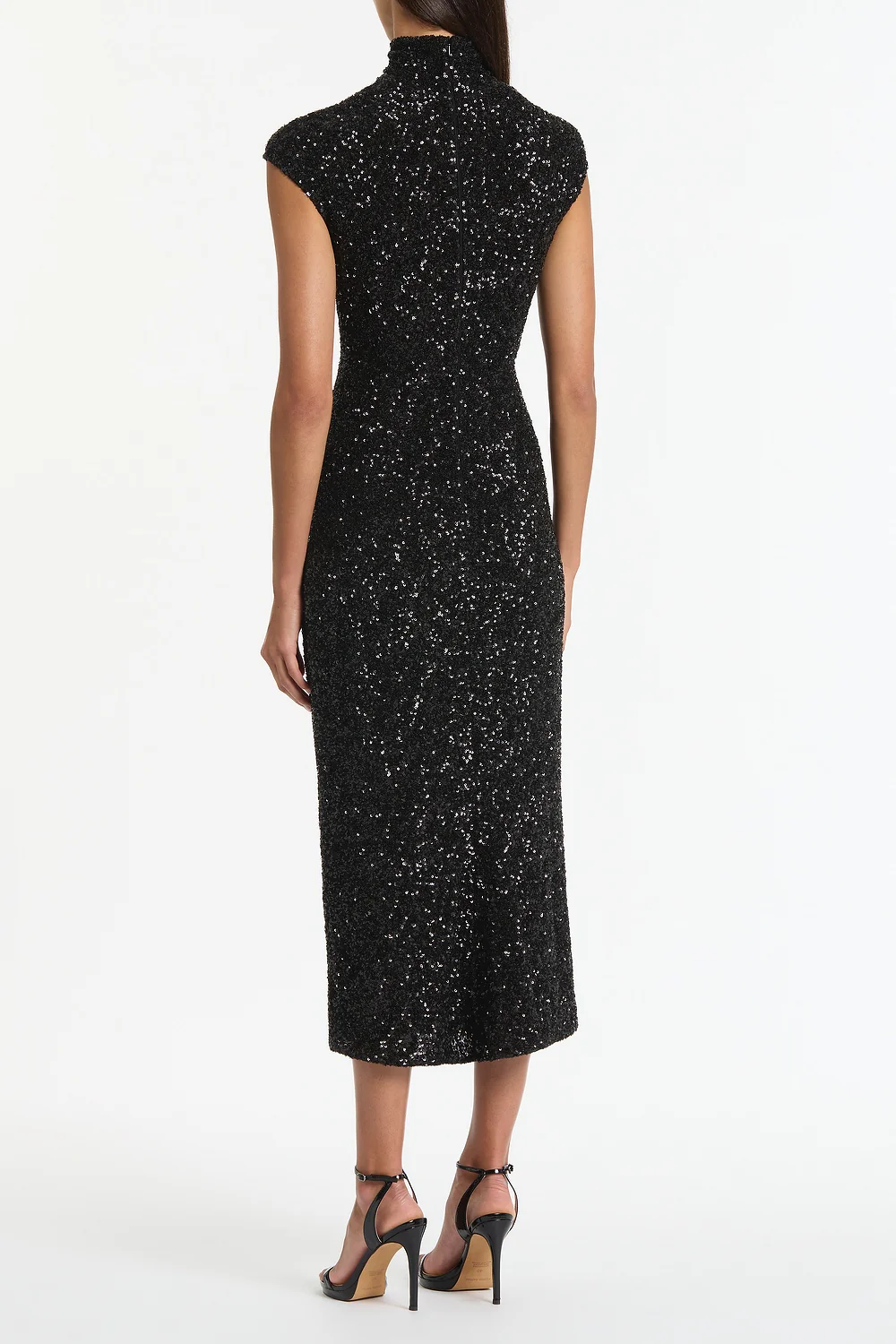 BLACK CRUSHED SEQUIN CAP SLEEVE MIDI DRESS - Image 2