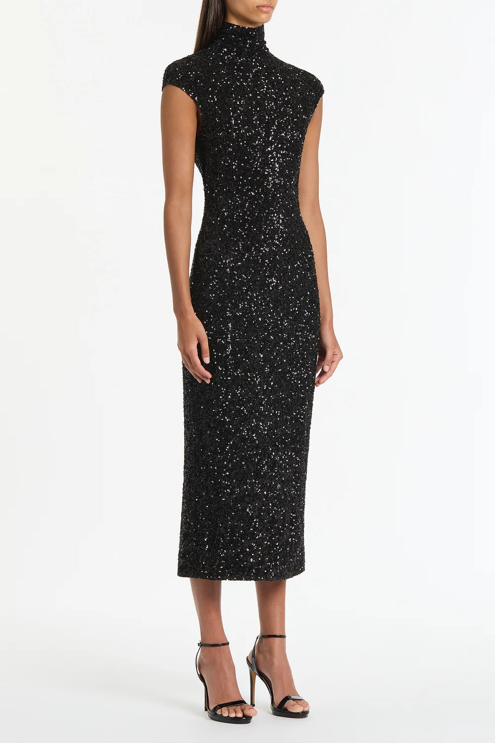 BLACK CRUSHED SEQUIN CAP SLEEVE MIDI DRESS - Image 3