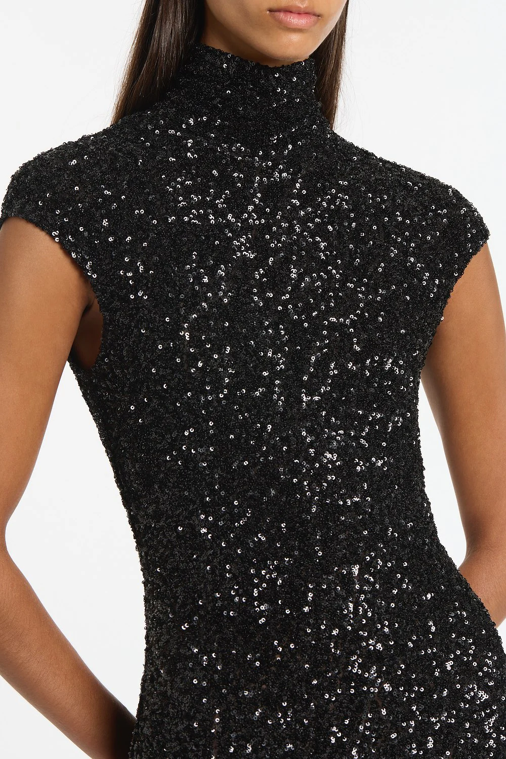 BLACK CRUSHED SEQUIN CAP SLEEVE MIDI DRESS - Image 4