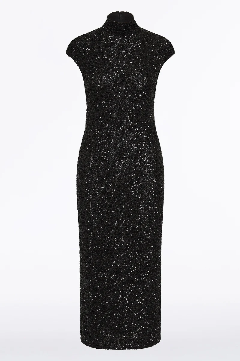 BLACK CRUSHED SEQUIN CAP SLEEVE MIDI DRESS - Image 6