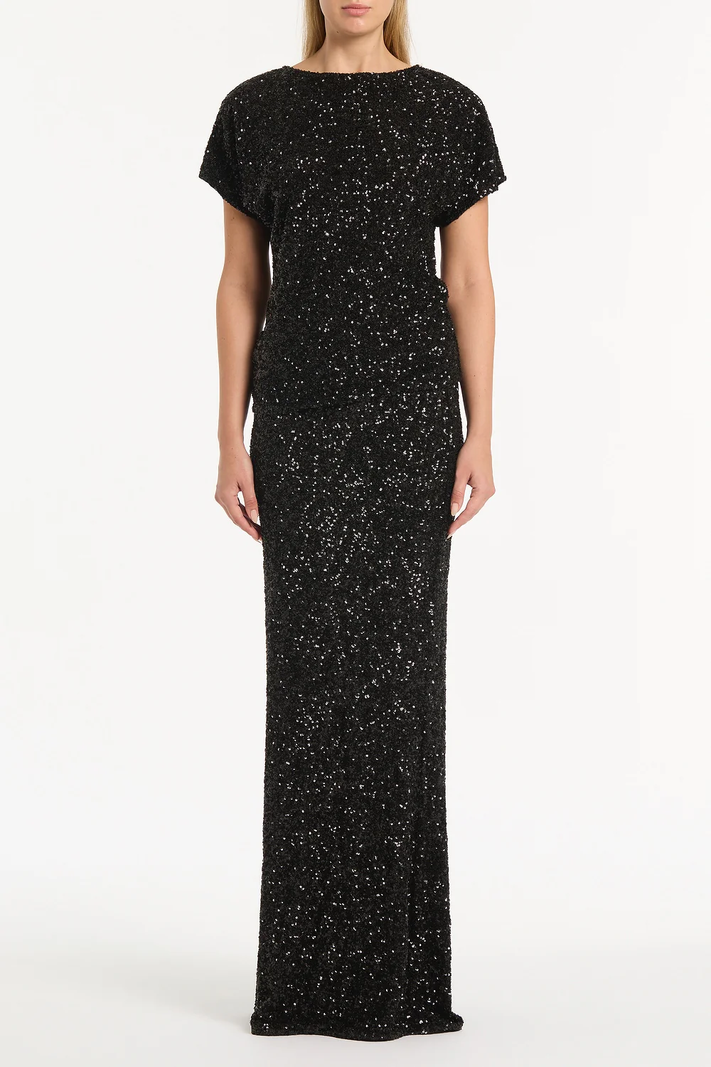BLACK CRUSHED SEQUIN COLUMN SKIRT