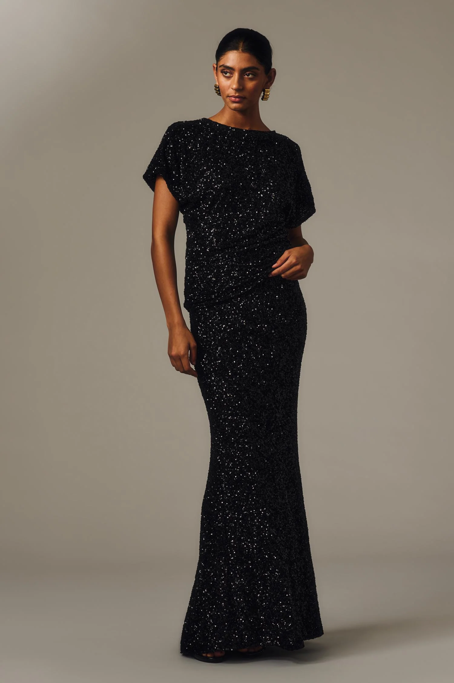 BLACK CRUSHED SEQUIN COLUMN SKIRT - Image 5