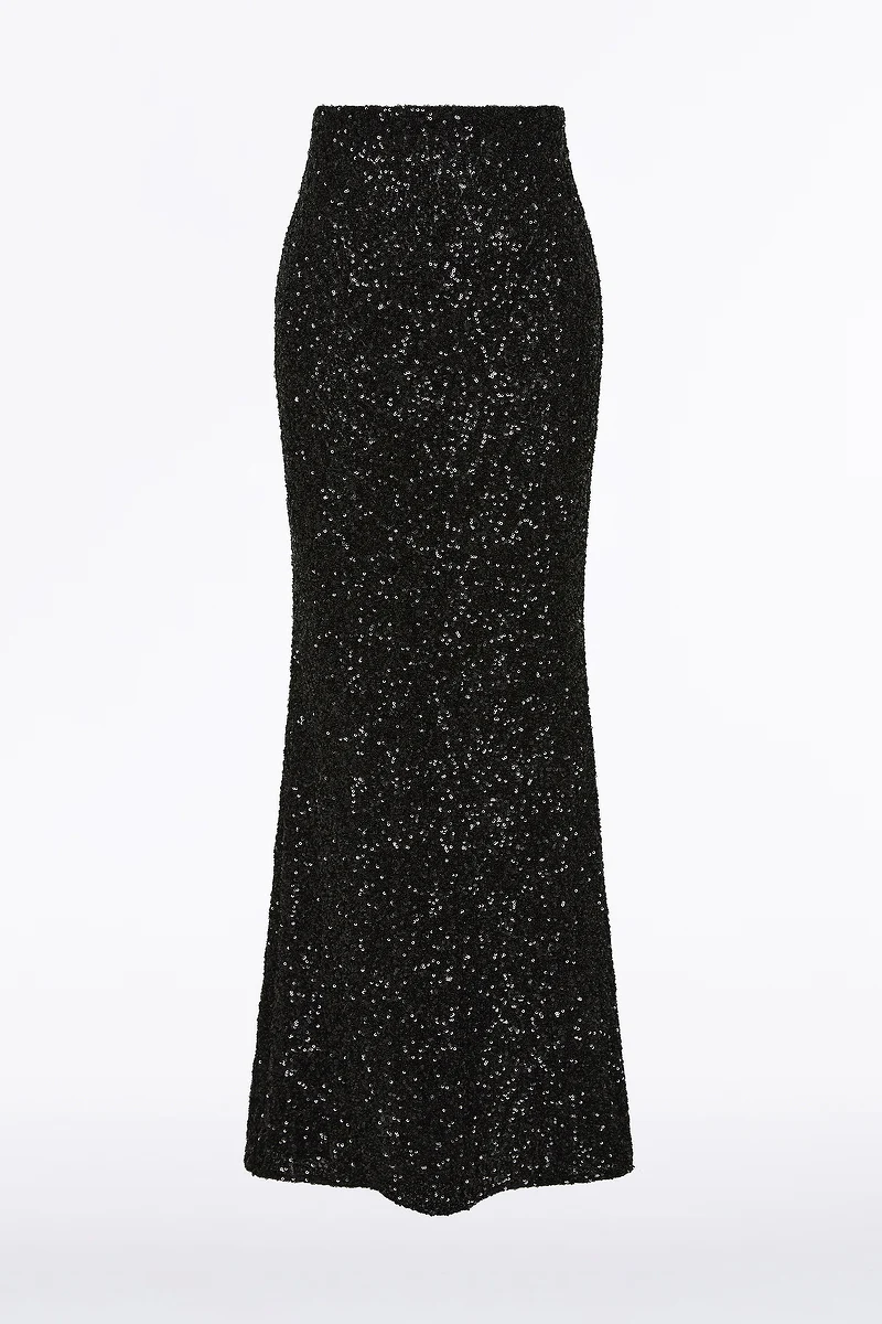 BLACK CRUSHED SEQUIN COLUMN SKIRT - Image 6