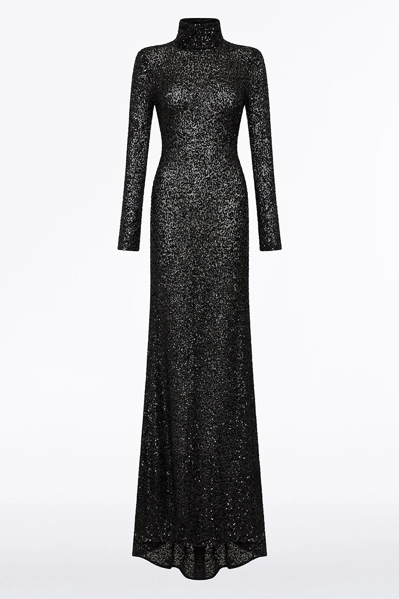 BLACK CRUSHED SEQUIN SKIVVY GOWN - Image 6