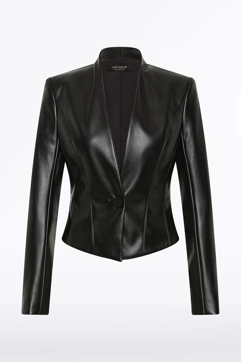 BLACK FAUX LEATHER FITTED JACKET - Image 4
