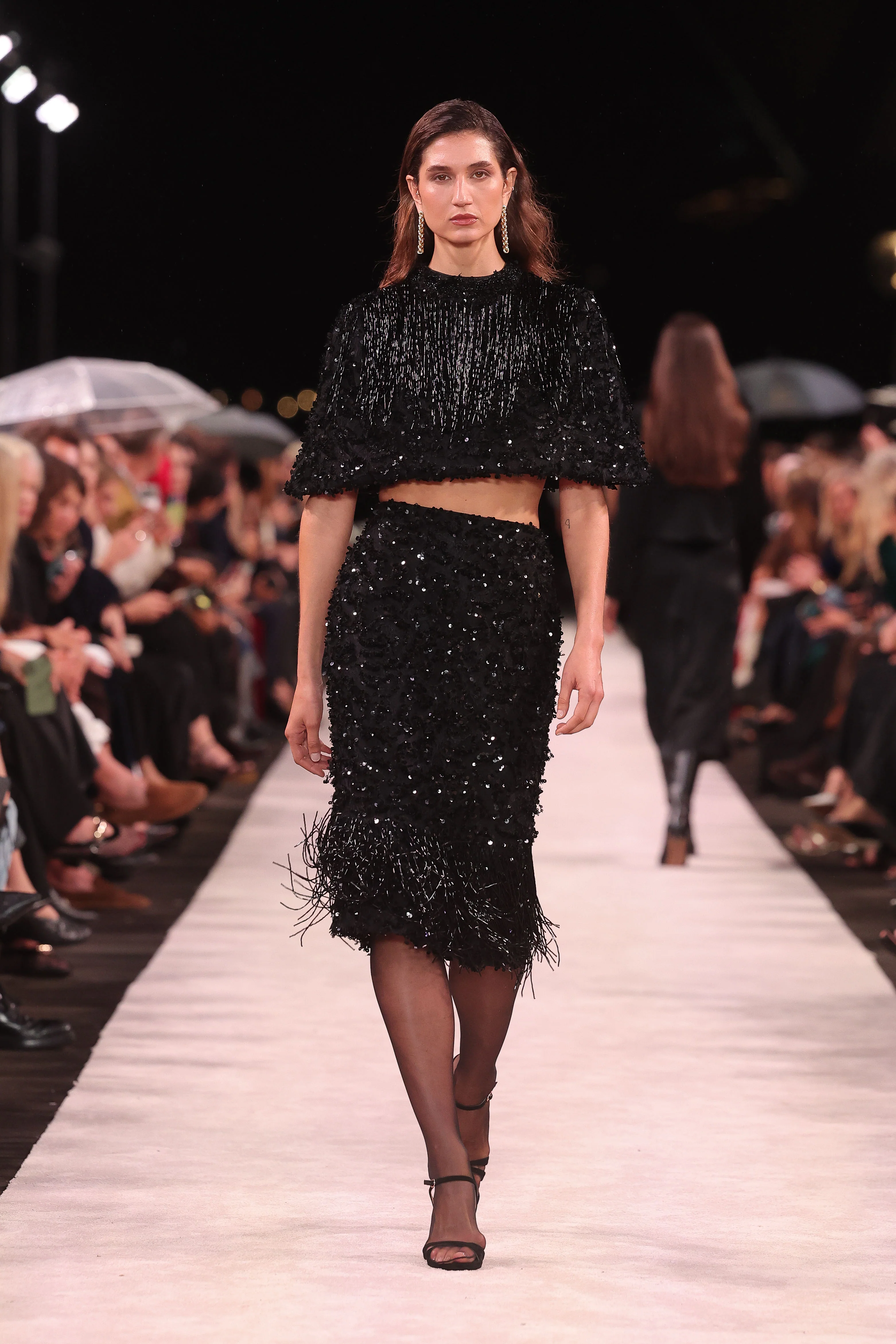 BLACK FRINGE SEQUIN LACE MIDI SKIRT