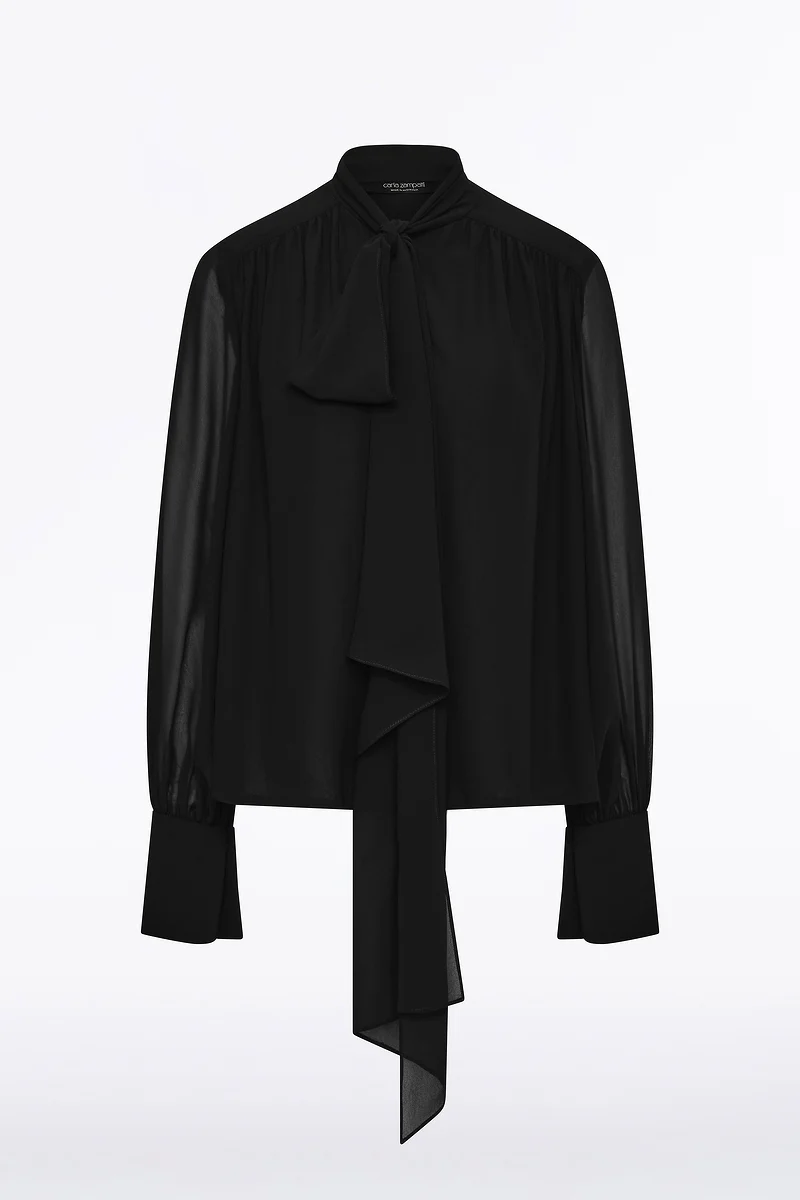BLACK GEORGETTE BOW FRONT BLOUSE - Image 4
