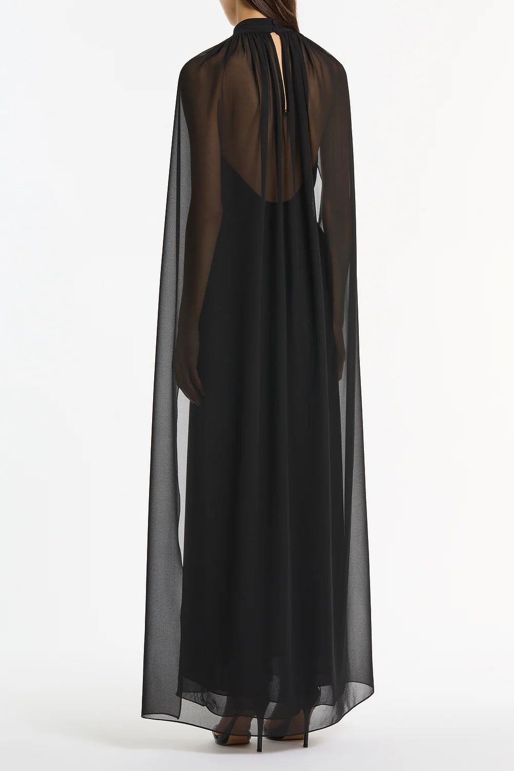 BLACK GEORGETTE HALTER CAPE GOWN - Image 3