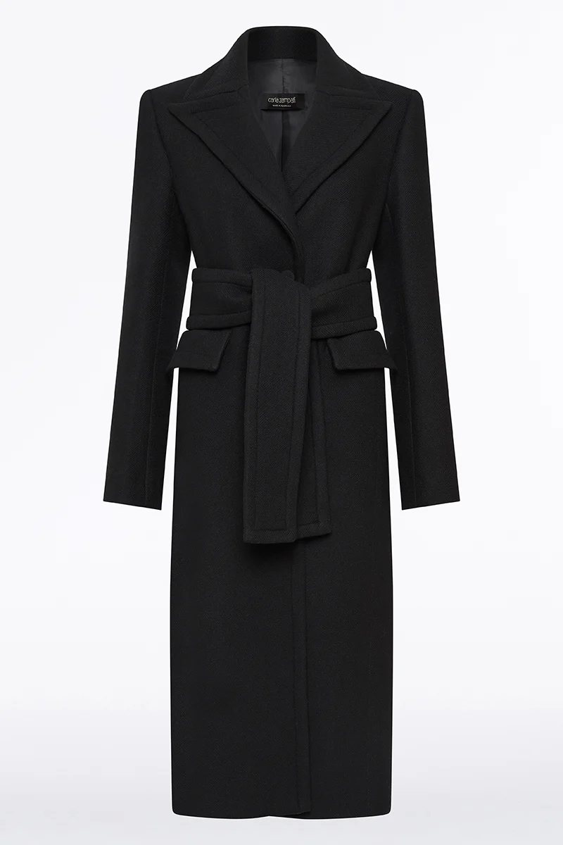 BLACK ITALIAN WOOL BELTED COAT - Image 5
