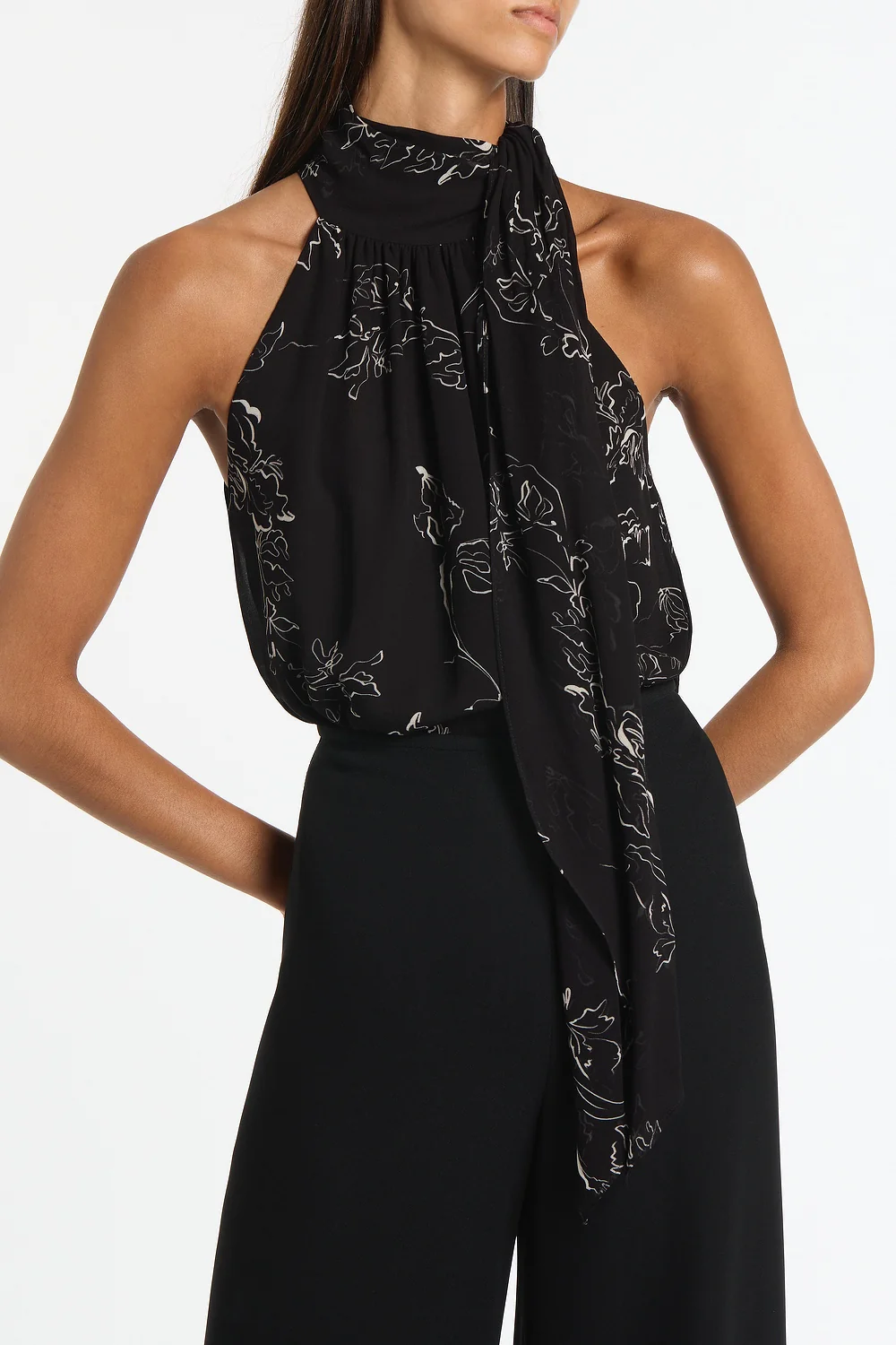 BLACK LINEAR FLORAL GATHERED HALTER TOP - Image 4