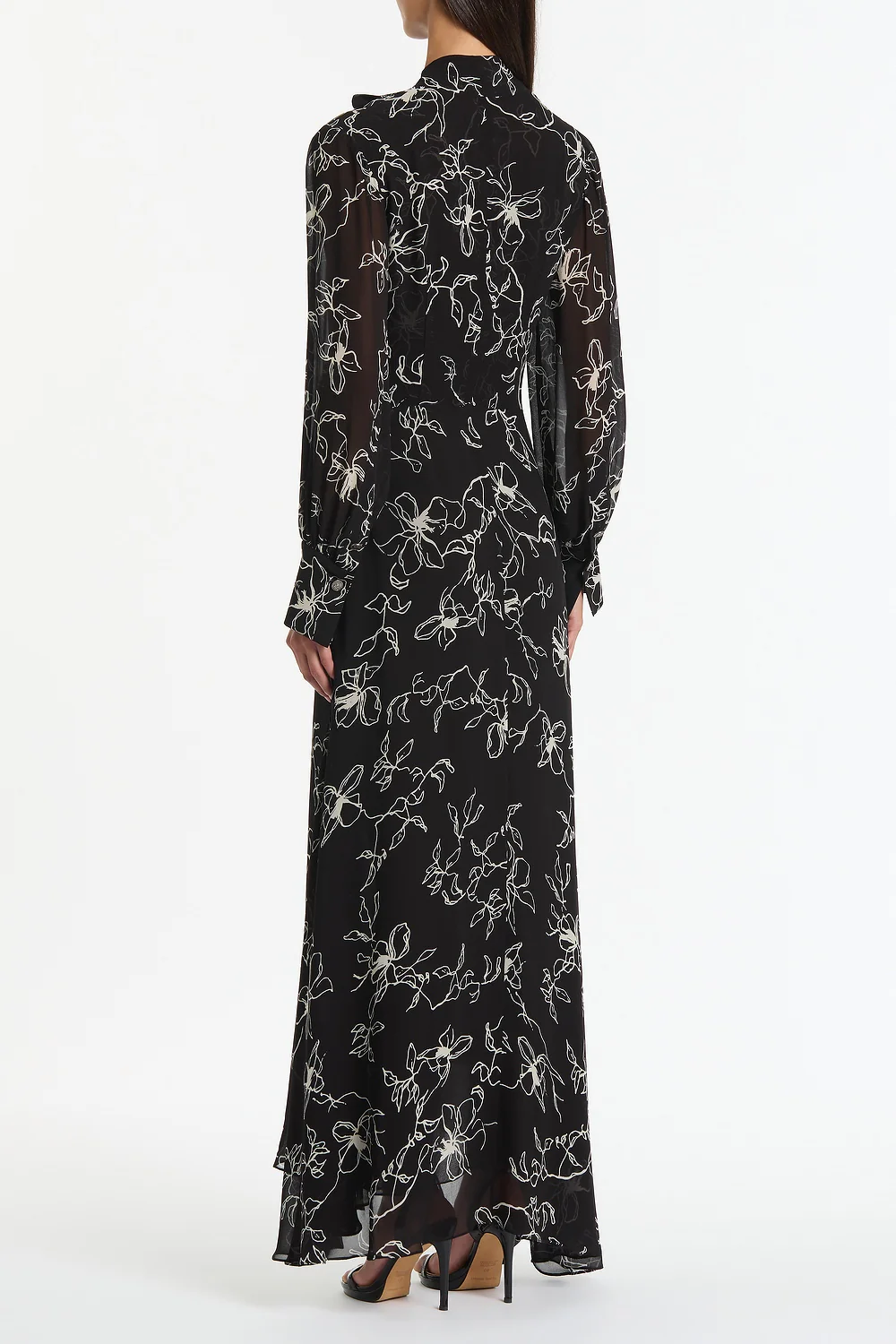 BLACK LINEAR FLORAL MIDI DRESS - Image 2