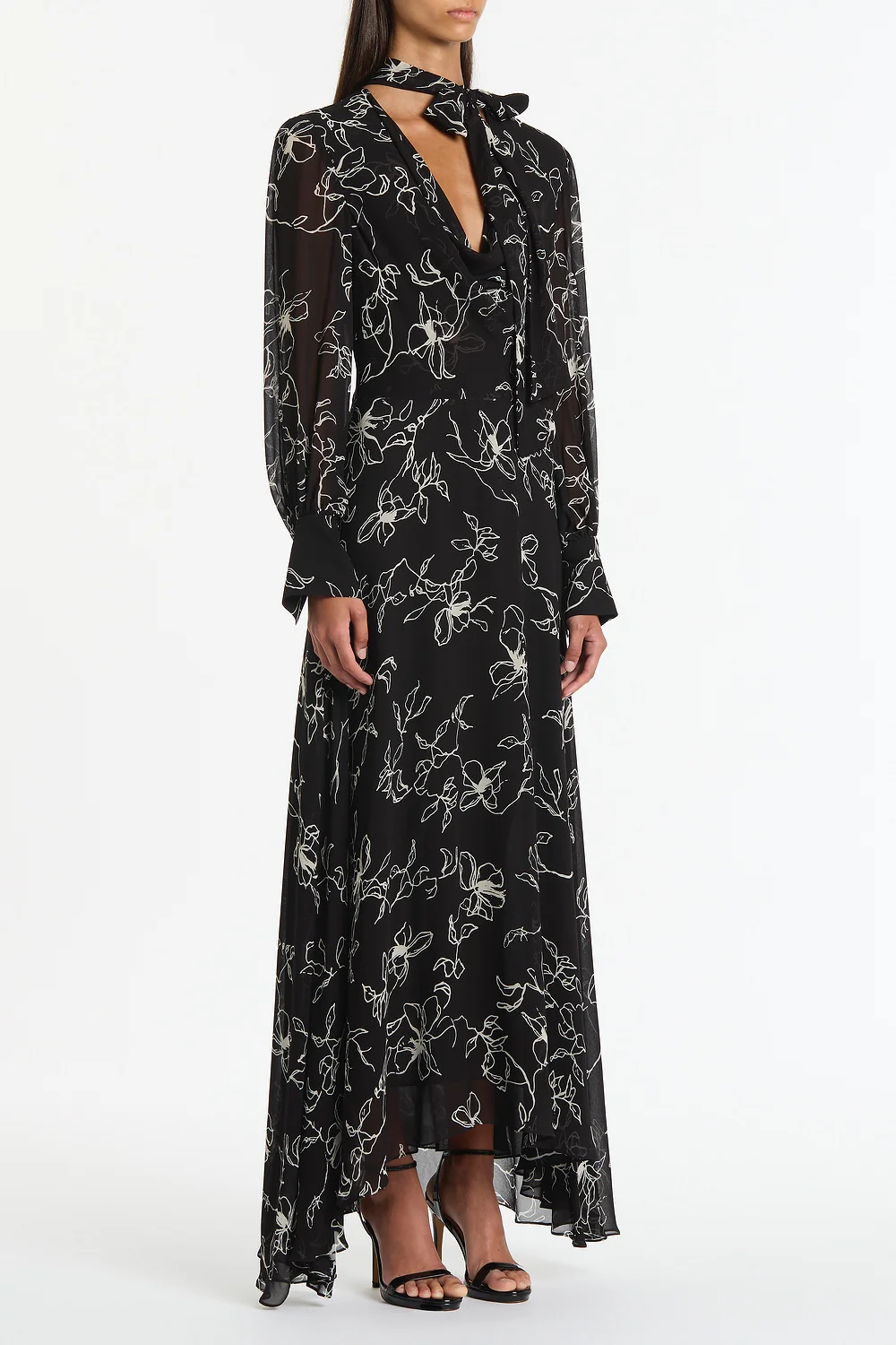 BLACK LINEAR FLORAL MIDI DRESS - Image 3