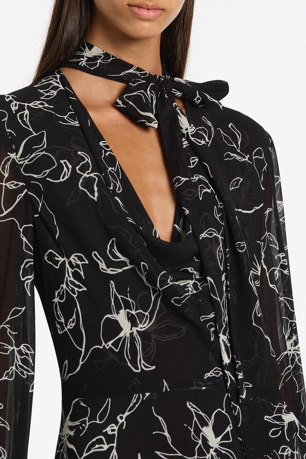 BLACK LINEAR FLORAL MIDI DRESS - Image 4