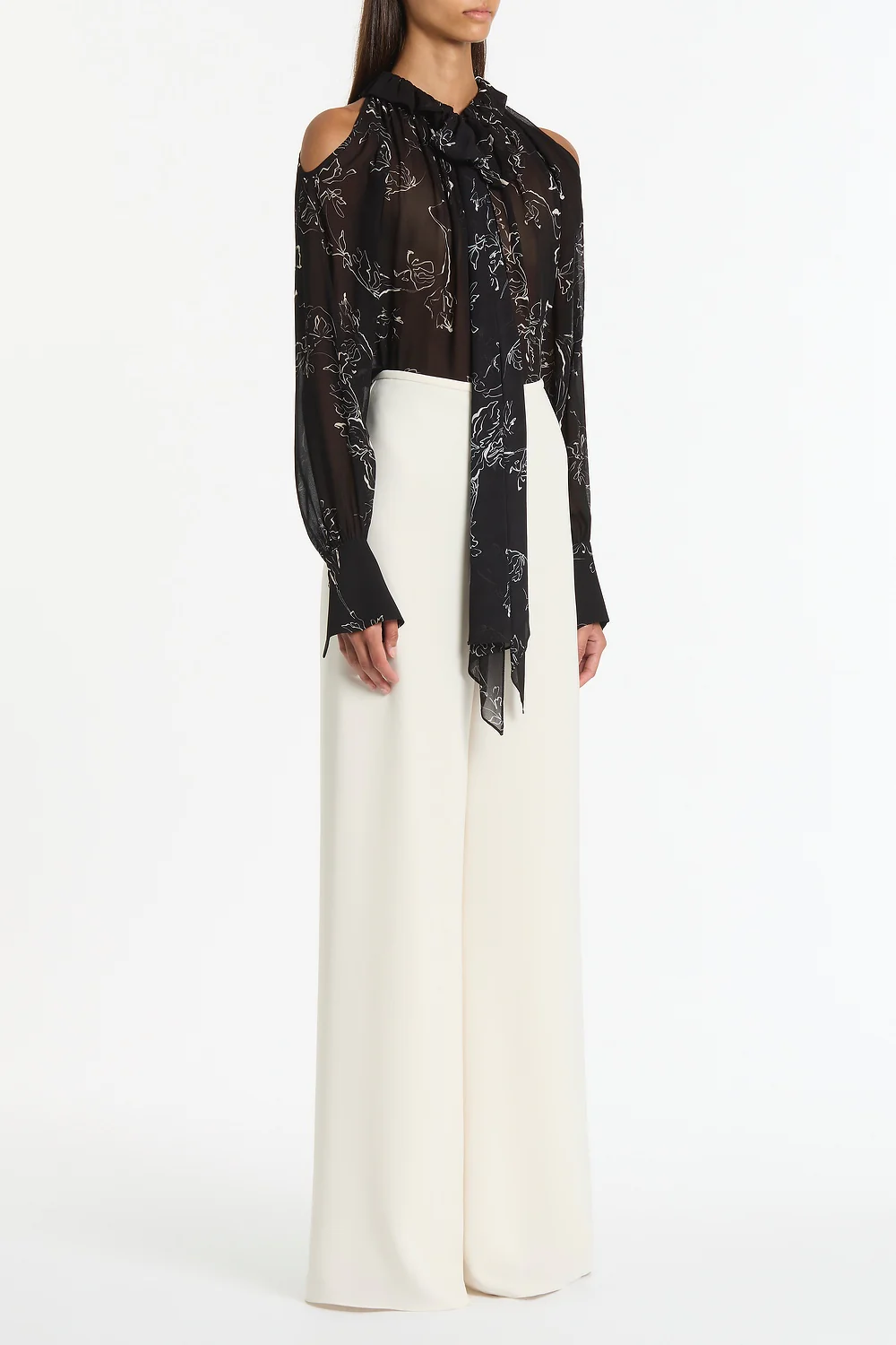 BLACK LINEAR FLORAL RUFFLE BLOUSE - Image 3