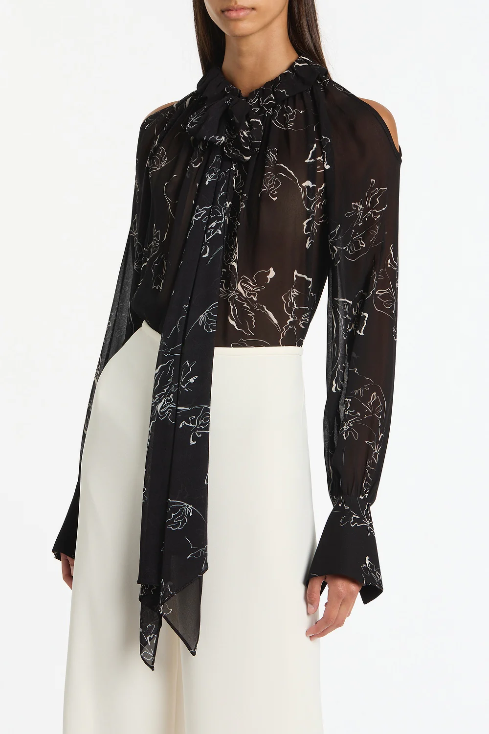 BLACK LINEAR FLORAL RUFFLE BLOUSE - Image 4