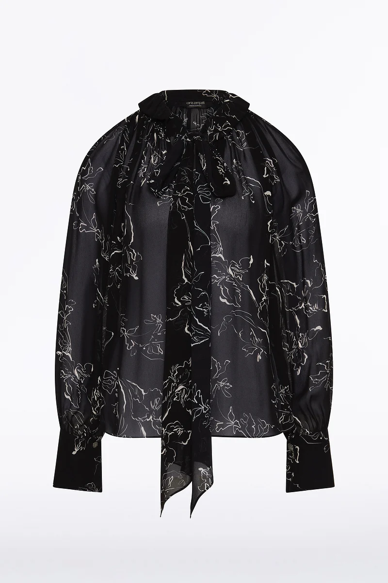BLACK LINEAR FLORAL RUFFLE BLOUSE - Image 5