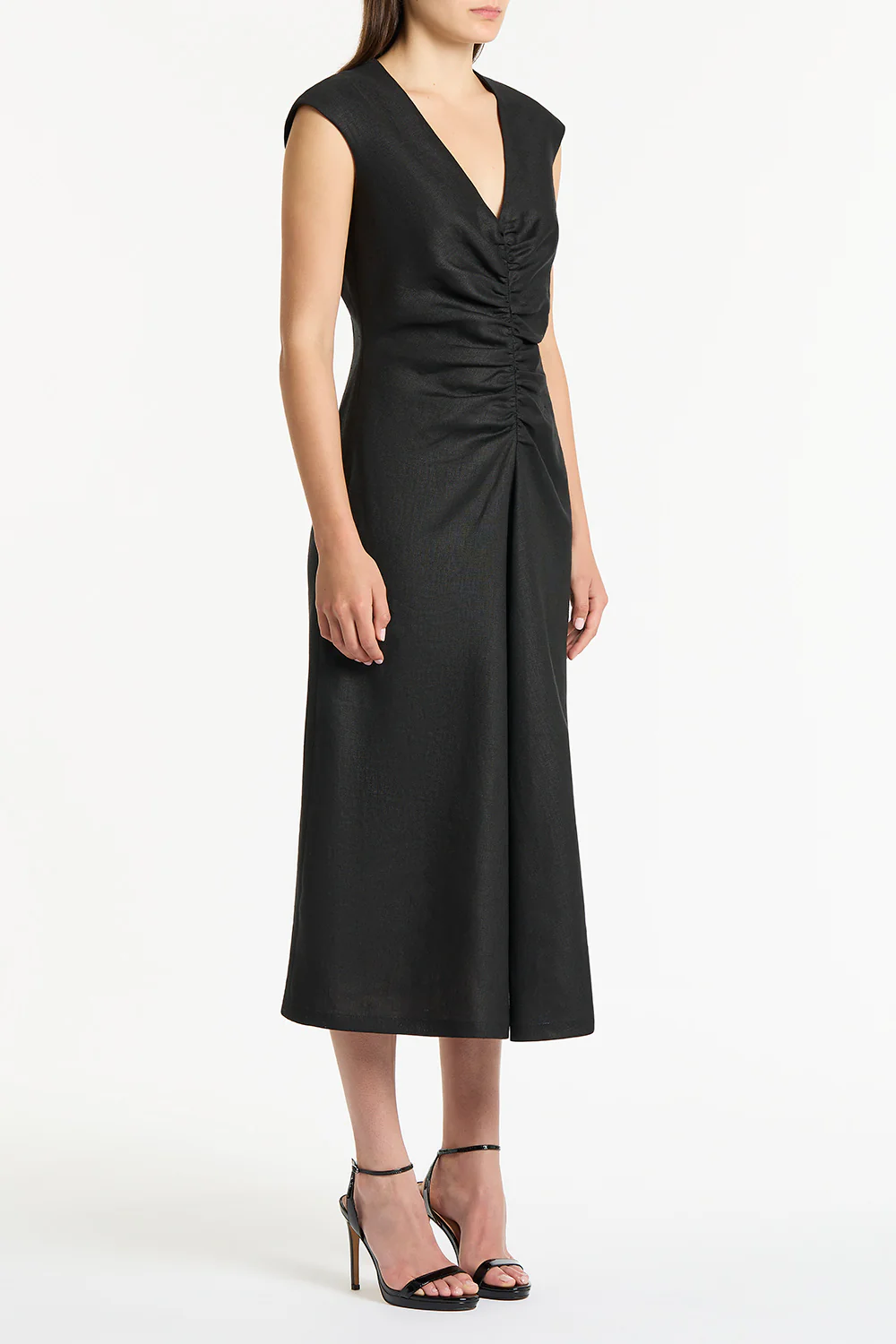 BLACK LINEN RUCHED DRESS - Image 3