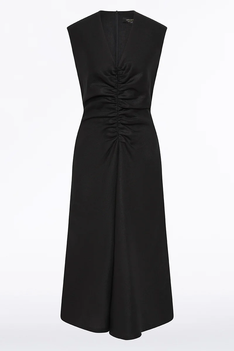 BLACK LINEN RUCHED DRESS - Image 5