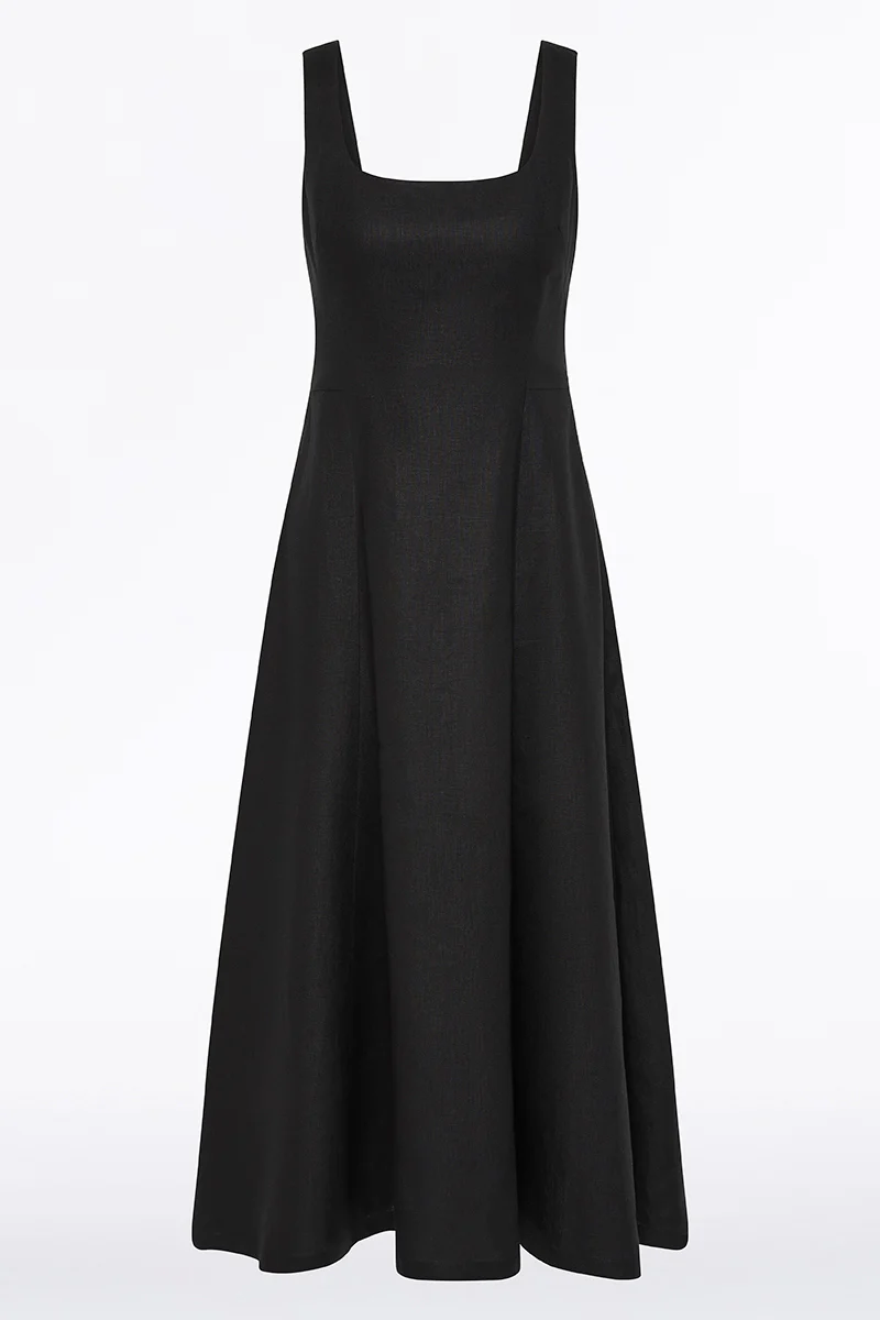 BLACK LINEN SQUARE NECK MIDI DRESS - Image 4